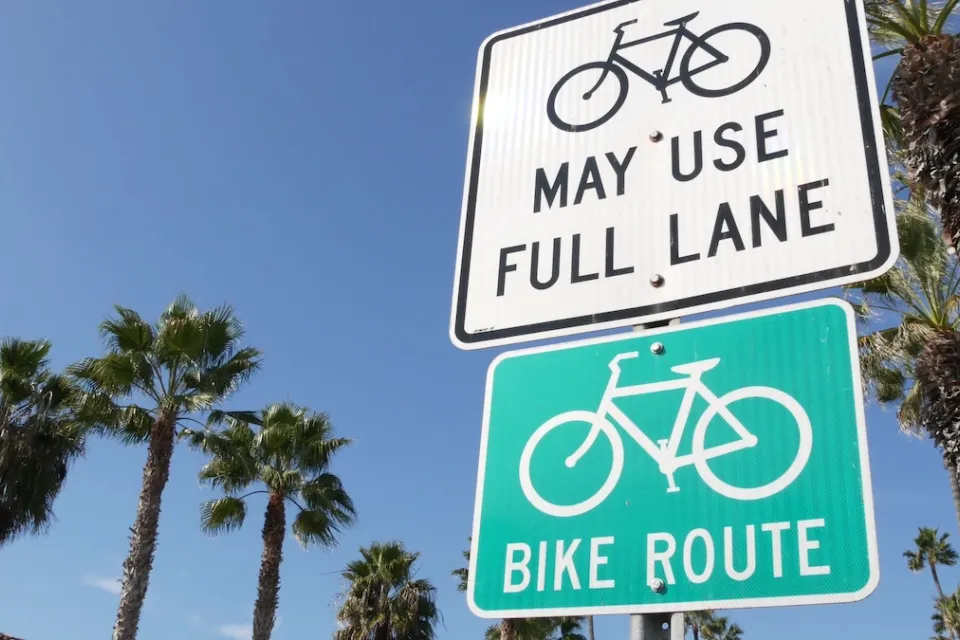 Close-up on white "Bikes may use full lane" and green "Bike route" signs with tall California palm trees in background.
